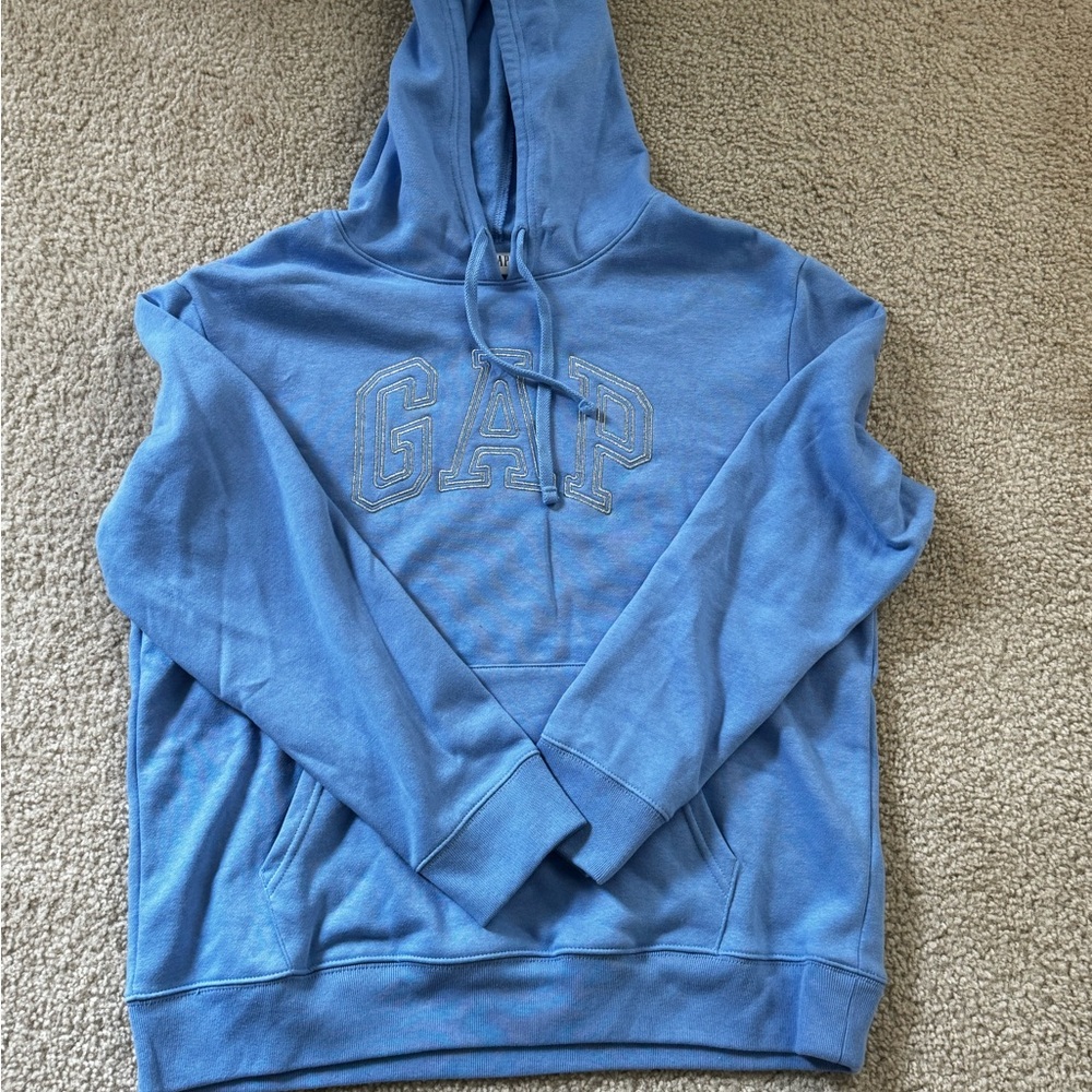 Nwt GAP LOGO hoodie blue shine w/ silver stitching size large